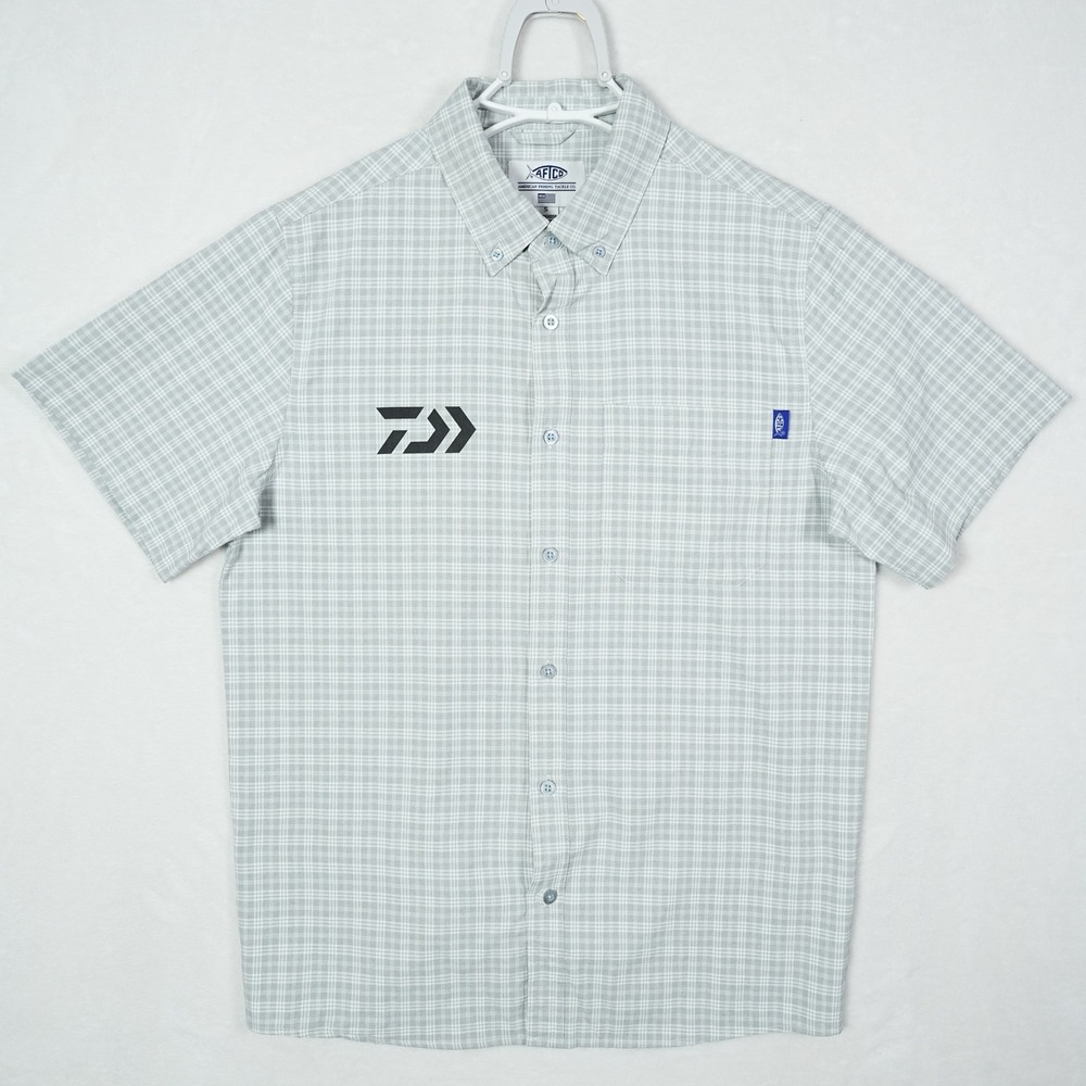 AFTCO Mens Short Sleeve Plaid Fishing Shirt Grey White Daiwa Logo Size S - Picture 2 of 7
